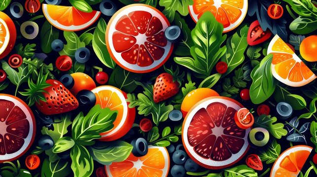 Capture the vibrancy of a worms-eye view salad in flat design, highlighting each ingredients freshness with vivid colors and clean lines