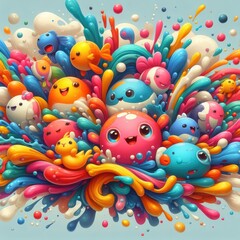 Child-Friendly Background: Cute Aquarium Animals with Oil Paint