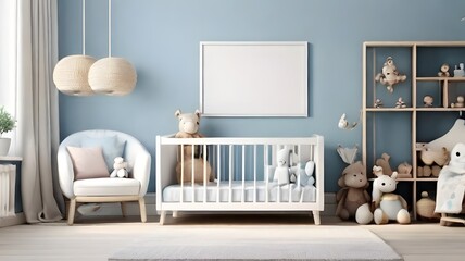 Scandinavian minimalist style baby room with toys wall art mockup wooden frame, blank horizontal empty frame for wall art mockup, soft blue color wall theme of the room