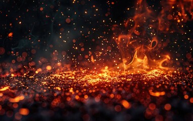 Fiery ember sparks dance across a dark, ominous background.