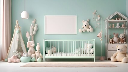 Scandinavian minimalist style baby room with toys wall art mockup wooden frame, blank horizontal empty frame for wall art mockup, soft mint color wall theme of the room