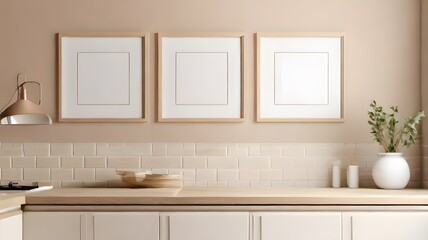 Scandinavian minimalist style kitchen wall art mockup with wooden frame, 4 blank vertical empty frame for wall art mockup, soft beige color wall theme of the room
