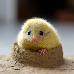 A curious baby marmot peeks out from its burrow, its dark eyes wide with wonder. Balancing on the edge, its fluffy tail playfully sticks out, adding to the charm of the sandy wilderness scene