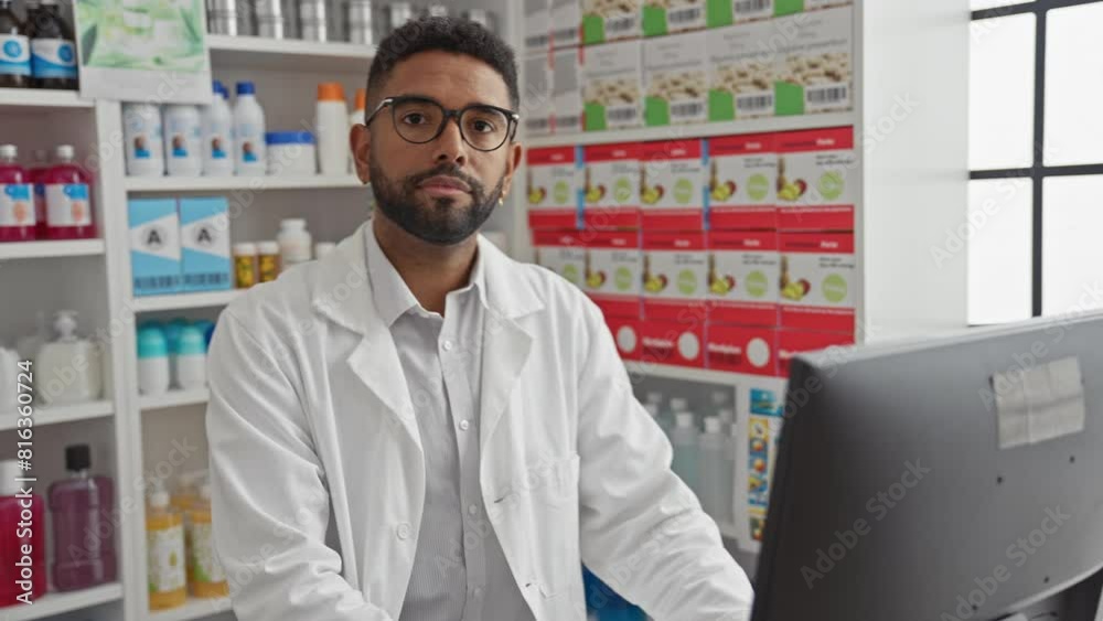 Poster Young african american pharmacist deep in thought, harnessing computer technology in a serious, sober attitude while exuding self-confidence in a modern pharmacy