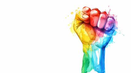 Rainbow watercolor of a raise woman fist for pride homophobia human rights