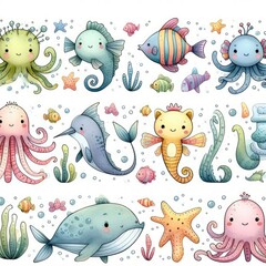 Obraz premium Cartoon Sea Animals: Child-Friendly
