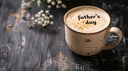 Cappuccino coffee with foam in a white cup with the inscription "father's day" on it, closeup top view, copy space for design element background,