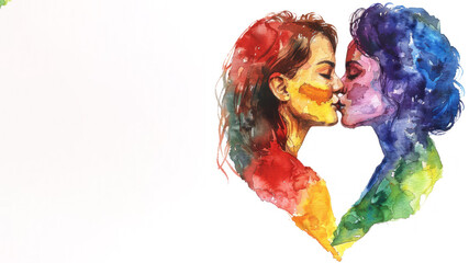 Rainbow watercolor paint of 2 women kissing in the heart shape, pride