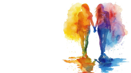 Rainbow watercolor paint of 2 women walk for pride equality celebration