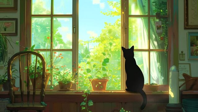 A black cat lounging indoors in a tropical summer setting, with lofi background music, celebrating International Cat Day. Looping time-lapse video.