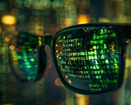 A distorted reflection of binary code in a pair of glasses, with a notification reading "Privacy compromised"