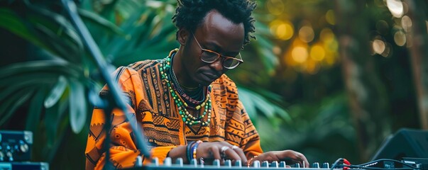 A musician blends traditional African rhythms with contemporary electronic beats, creating a tri-layered soundscape that celebrates Black queer joy