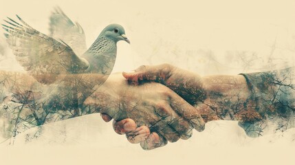 A double exposure of a handshake and a dove, representing the possibility for peace and reconciliation