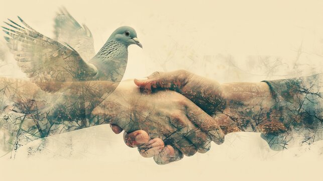 A double exposure of a handshake and a dove, representing the possibility for peace and reconciliation