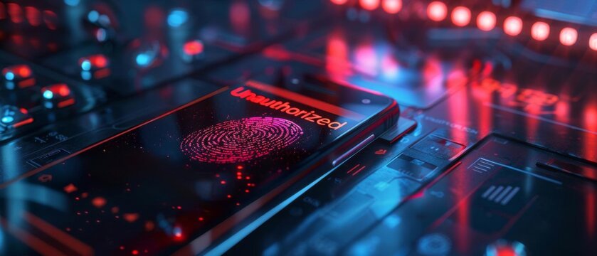 A fingerprint scanner glows red, while an alert notification on a smartphone reads "Unauthorized access detected"