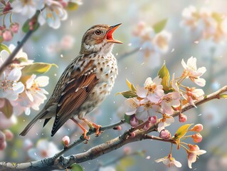 A bird singing from the branches of a blossoming tree, filling the air with melodious tunes