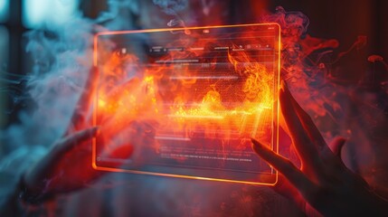 A person is holding a tablet with a glowing screen that is surrounded by smoke