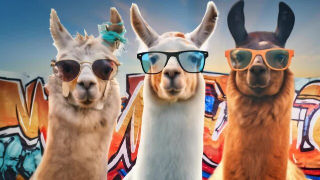 Llamas wearing colorful glasses pose humorously in front of a vibrant graffiti wall. 