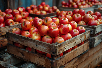 The harvested apple crop is neatly packed in wooden boxes on the sorting table, ready for distribution at a bustling orchard during the peak of the harvest season	