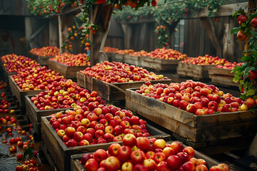 Obraz premium The harvested apple crop is neatly packed in wooden boxes on the sorting table, ready for distribution at a bustling orchard during the peak of the harvest season 