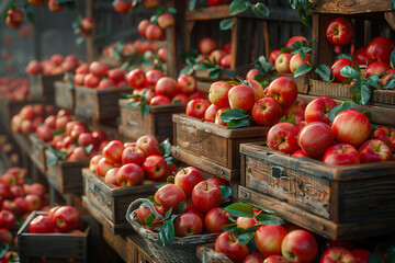 The harvested apple crop is neatly packed in wooden boxes on the sorting table, ready for distribution at a bustling orchard during the peak of the harvest season