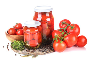 Tasty canned and fresh tomatoes, isolated on white