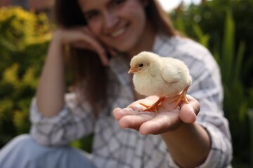 Woman with cute chick outdoors, selective focus