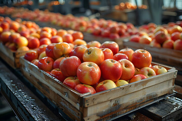 The harvested apple crop is neatly packed in wooden boxes on the sorting table, ready for distribution at a bustling orchard during the peak of the harvest season