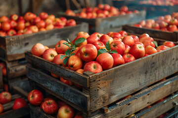 The harvested apple crop is neatly packed in wooden boxes on the sorting table, ready for distribution at a bustling orchard during the peak of the harvest season
