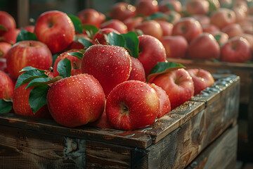 The harvested apple crop is neatly packed in wooden boxes on the sorting table, ready for distribution at a bustling orchard during the peak of the harvest season