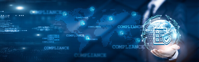 Businessman holding global network connection on compliance management and regulatory analytics, shaping strategy and risk mitigation, governance frameworks, Technology and global standards.