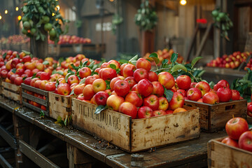 The harvested apple crop is neatly packed in wooden boxes on the sorting table, ready for distribution at a bustling orchard during the peak of the harvest season