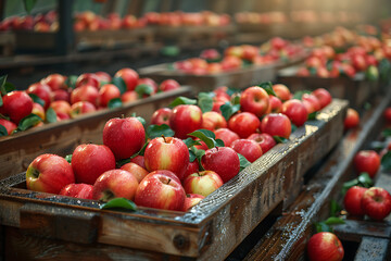 The harvested apple crop is neatly packed in wooden boxes on the sorting table, ready for distribution at a bustling orchard during the peak of the harvest season