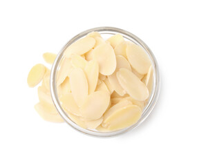 Fresh almond flakes in bowl isolated on white, top view