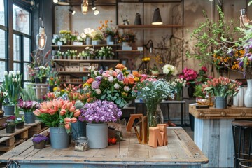 Colorful flower arrangements on a wooden table in a floral shop,