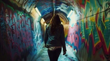 Colorful graffiti in a tunnel, a female view.