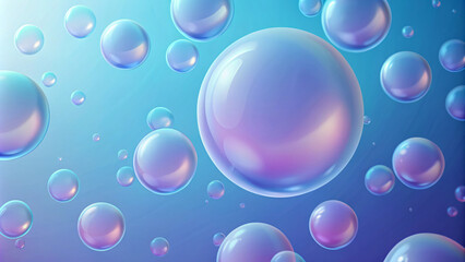 Shiny, transparent bubbles in various colors drift across a clear blue background
