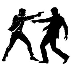 a man engaged in a street fight against an aggressor armed with a pistol vector silhouette black color