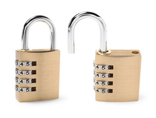 Steel combination padlock isolated on white, open and locked