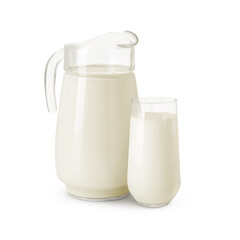 Glass and jug with milk isolated on white