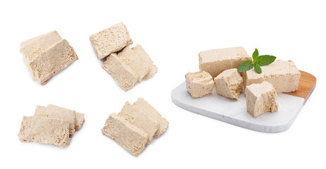 Pieces of tasty halva isolated on white, set