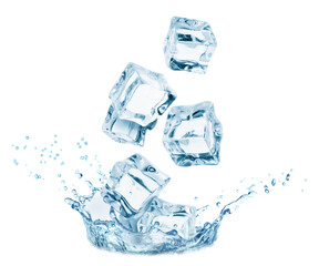 Ice cubes falling into water on white background