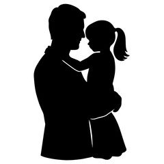 Father holding his daughter in his arms and hugging her to his chest, vector silhouette, black color illustration