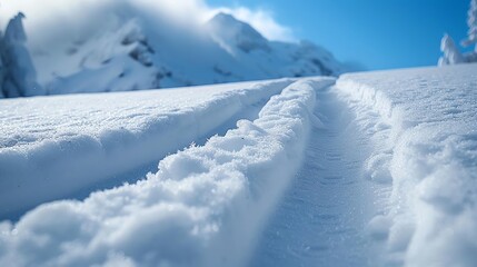 Obraz premium The photo shows a beautiful winter landscape with snow-capped mountains and a groomed ski slope in the foreground.
