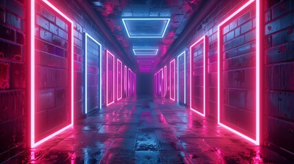3d animation neon tunnel with rotating square frames
