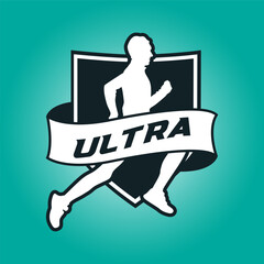 Runner shield with ribbon logo vector graphic illustration on background