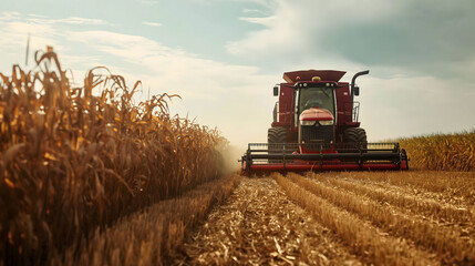 Fototapeta premium Farming agriculture tractor harvesting golden wheat in the fields