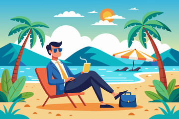 A man relaxes under a beach umbrella on a tropical island paradise with palm trees swaying in the summer breeze