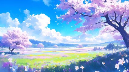 illustration art style anime of spring, autumn, summer, winter, background