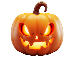 Naklejka premium Creepy sinister pumpkin with a smiling face in 3d style or Halloween pumpkin head in the form of a toy, character rendering, cut background